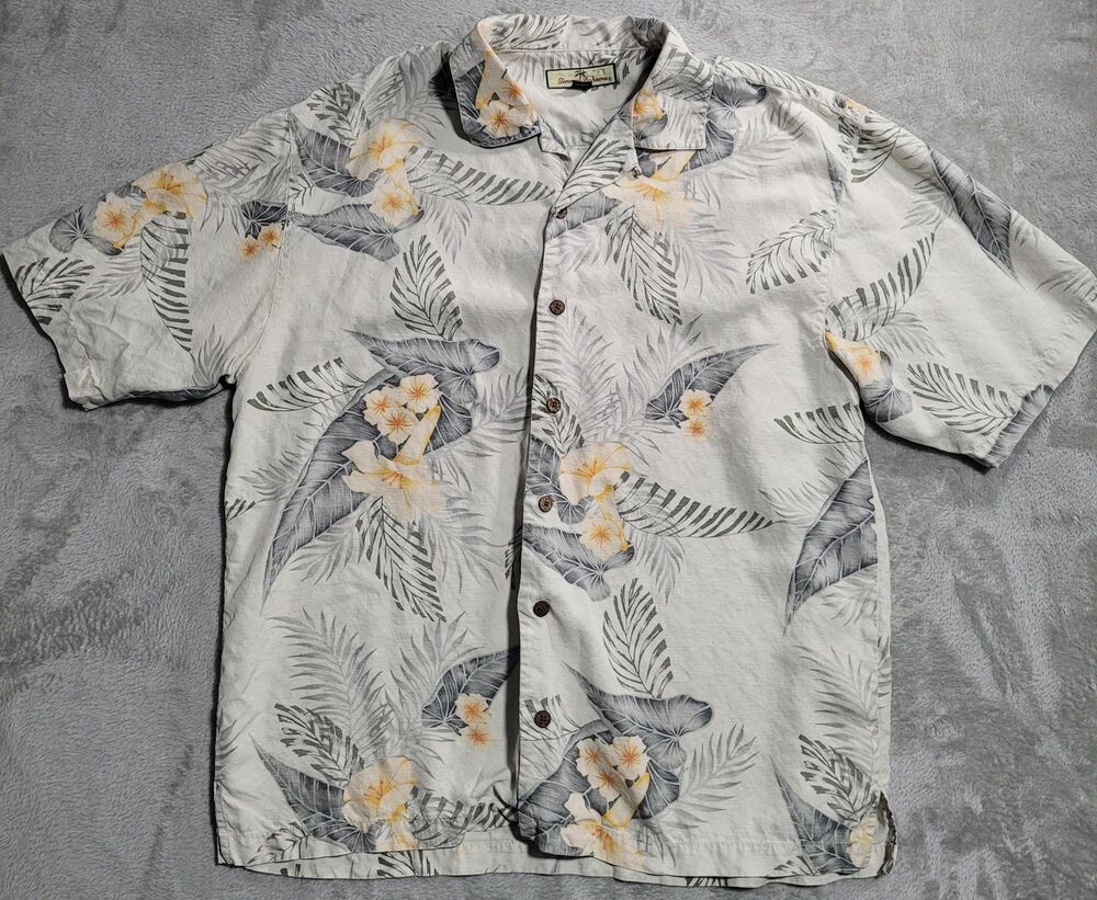 Tommy Bahama Shirt Mens Large White Floral Silk Short Sleeve Hawaiian Tropical